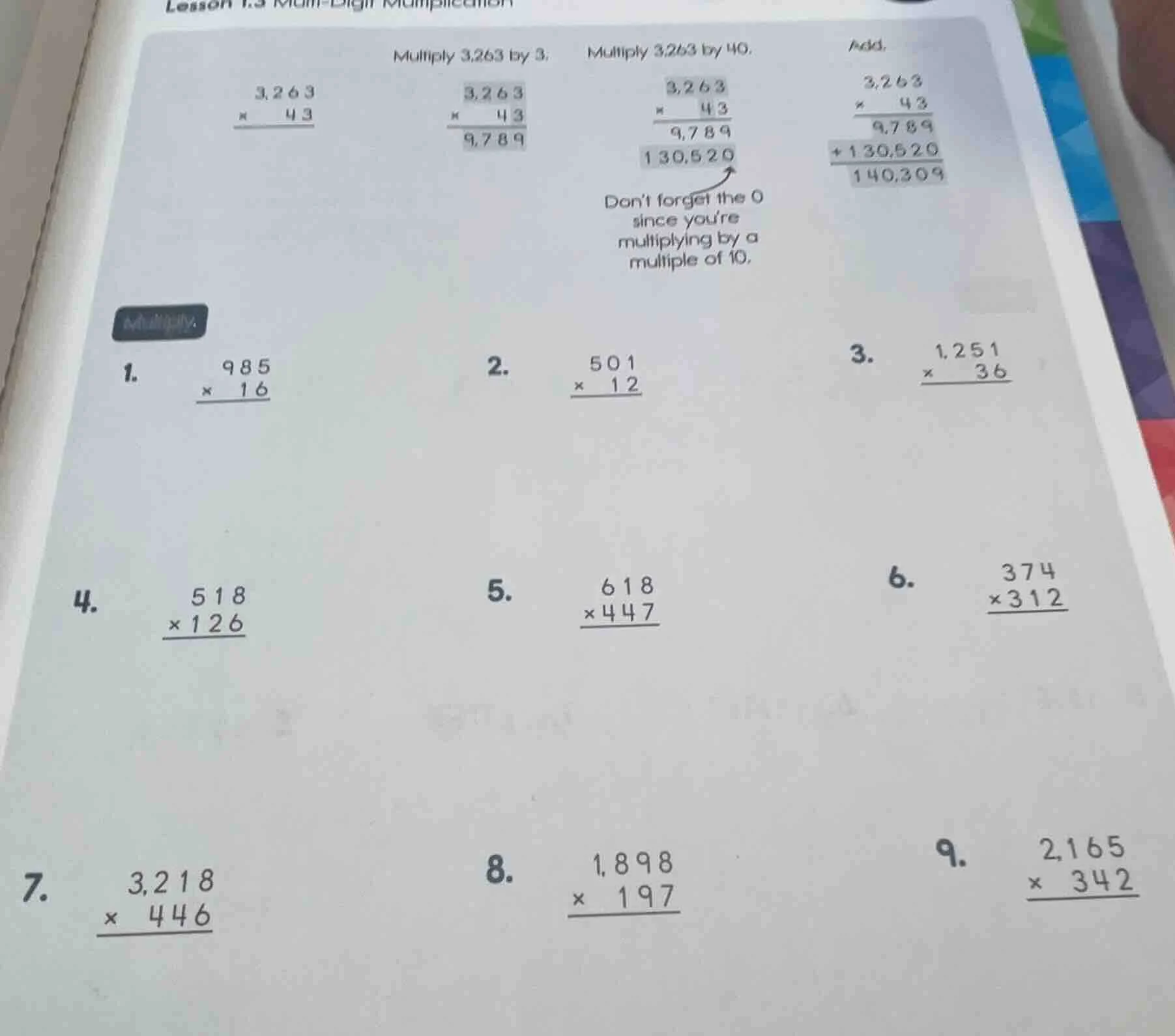 lesson 1.3 multi-digit multiplication multiply 3,263 by 3. multiply 3,2…