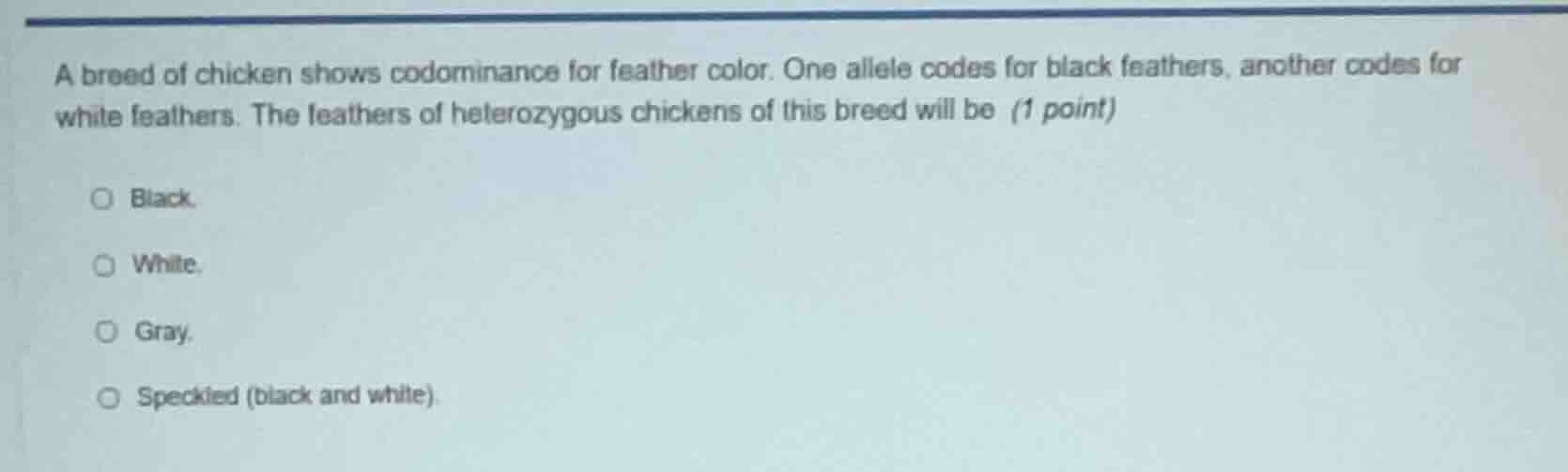 a breed of chicken shows codominance for feather color. one allele code…