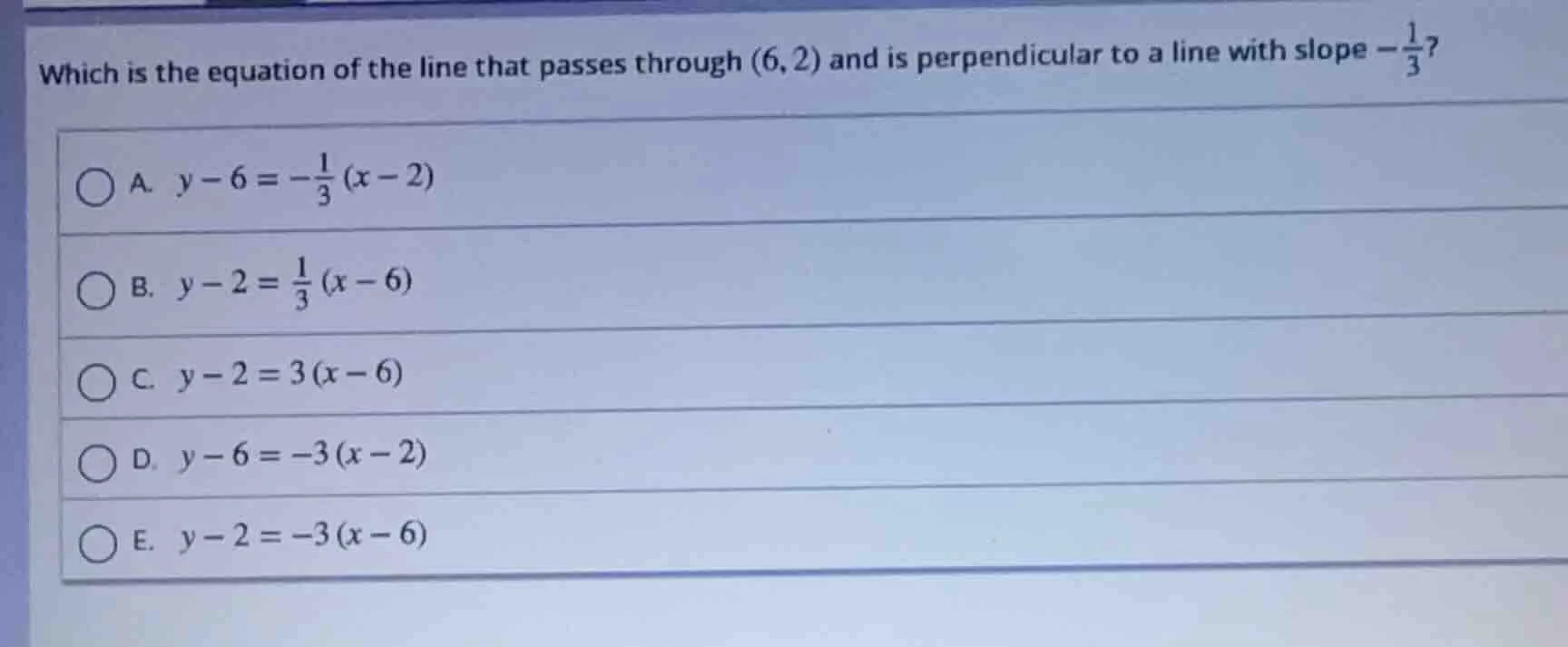 which is the equation of the line that passes through (6,2) and is perp…