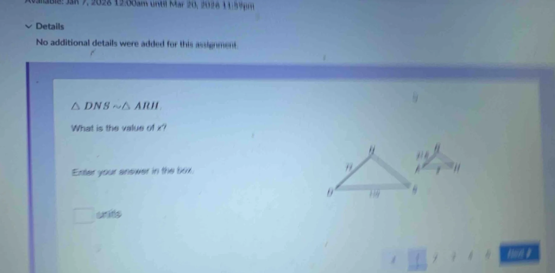 △ dns ~△ arh. what is the value of x? enter your answer in the box. □ u…