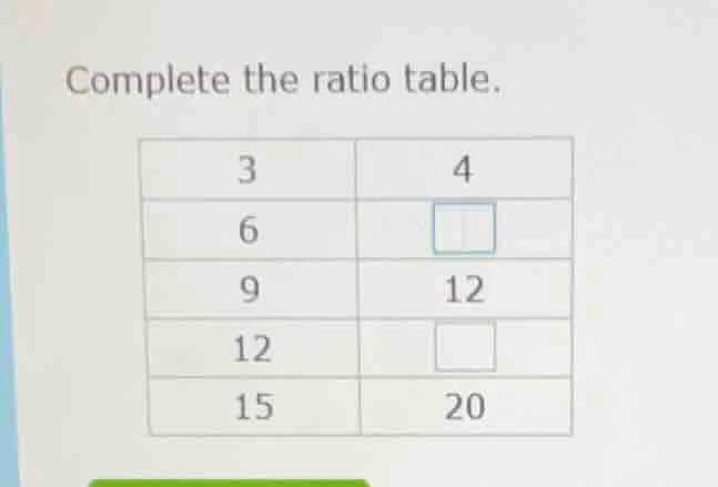 complete the ratio table. | 3 | 4 | | 6 | □ | | 9 | 12 | | 12 | □ | | 1…