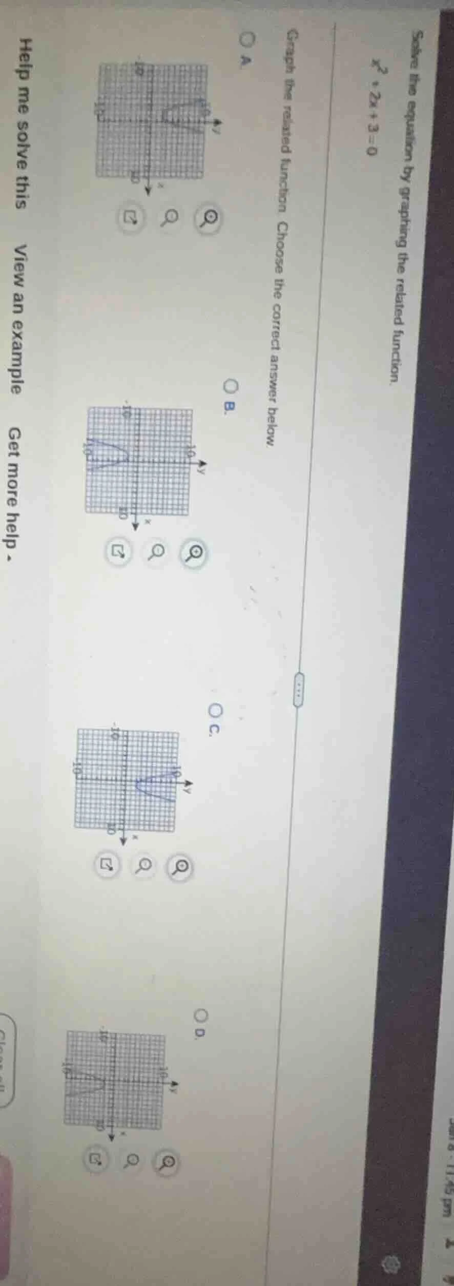 solve the equation by graphing the related function. $x^2 + 2x + 3 = 0$…