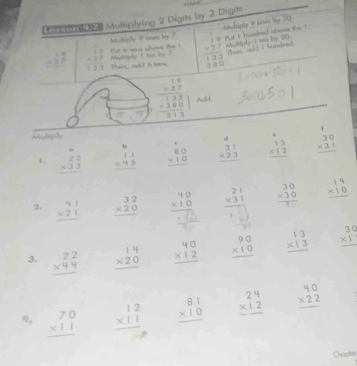 lesson 18 multiplying 2 digits by 2 digits multiply 9 ones by 7 put 6 t…
