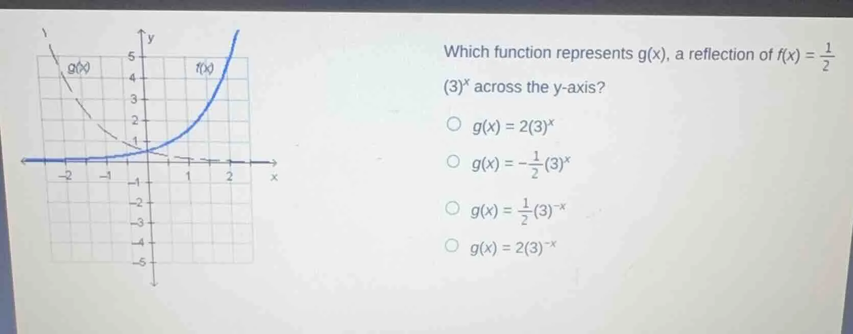 which function represents g(x), a reflection of f(x) = \\frac{1}{2}(3)^…