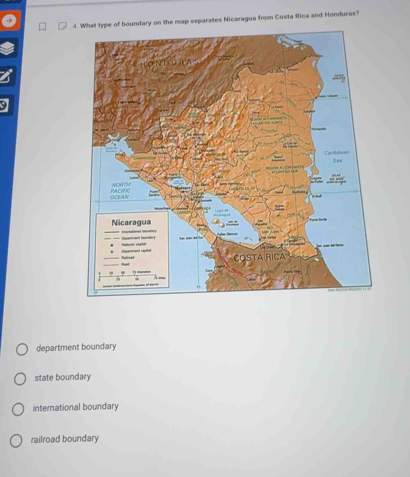 4. what type of boundary on the map separates nicaragua from costa rica…