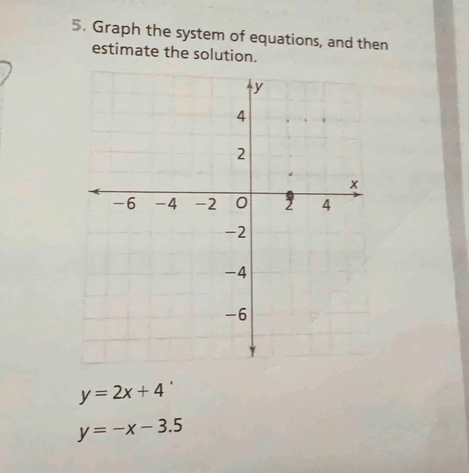 5. graph the system of equations, and then estimate the solution. $y = …