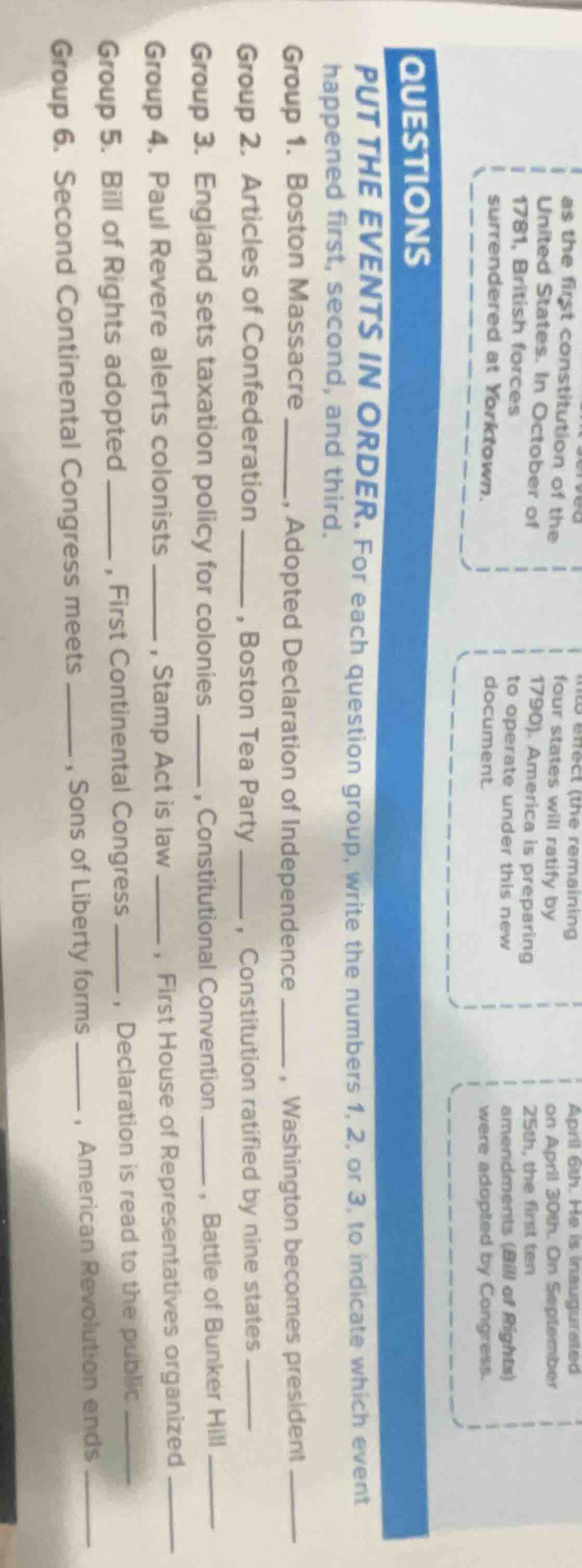 questions put the events in order. for each question group, write the n…