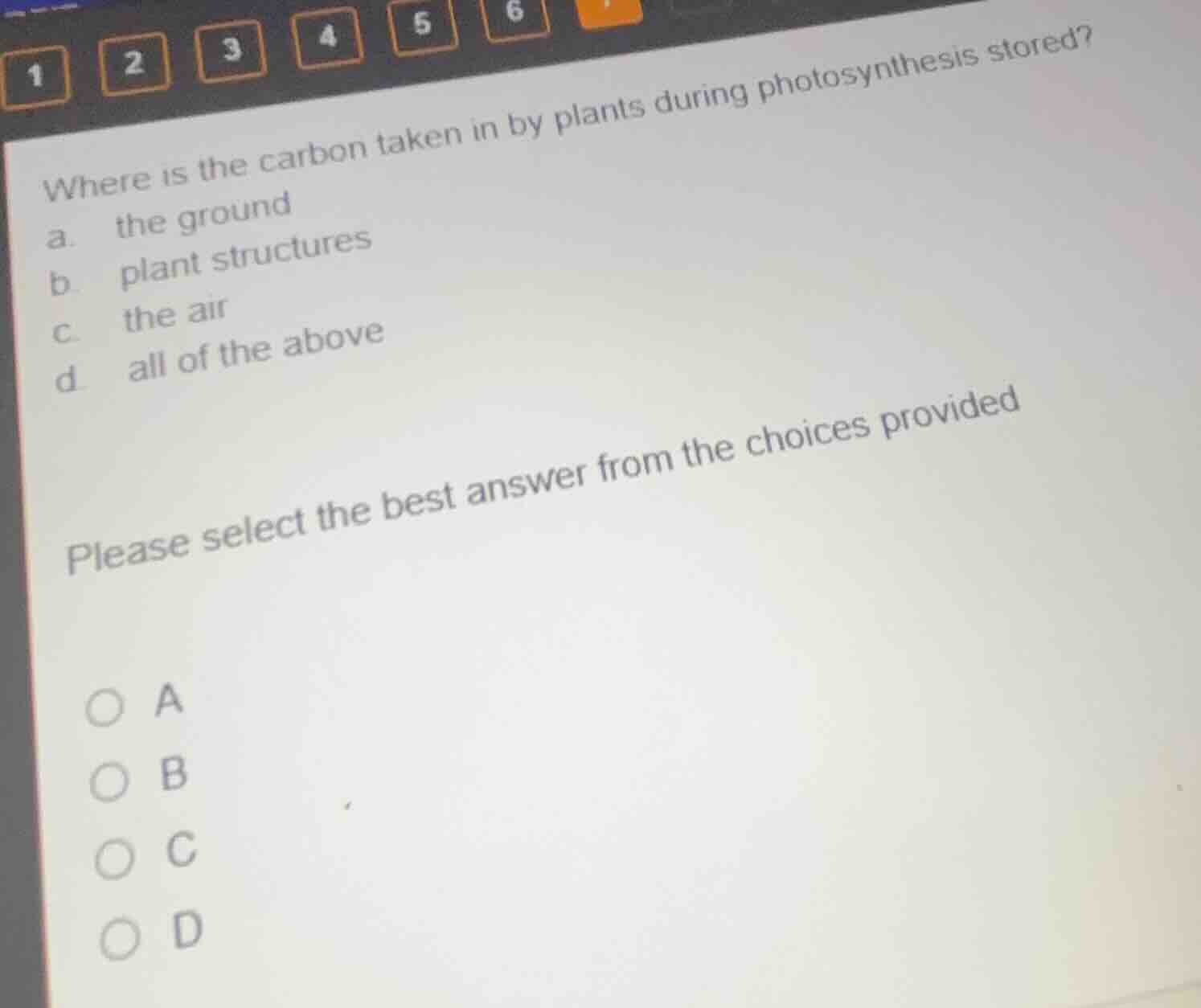 where is the carbon taken in by plants during photosynthesis stored? a.…