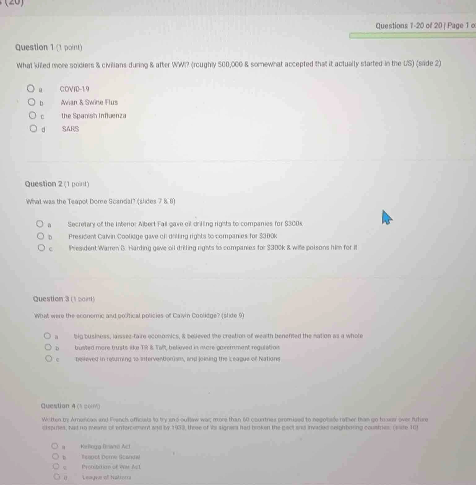 questions 1-20 of 20 | page 1 o question 1 (1 point) what killed more s…