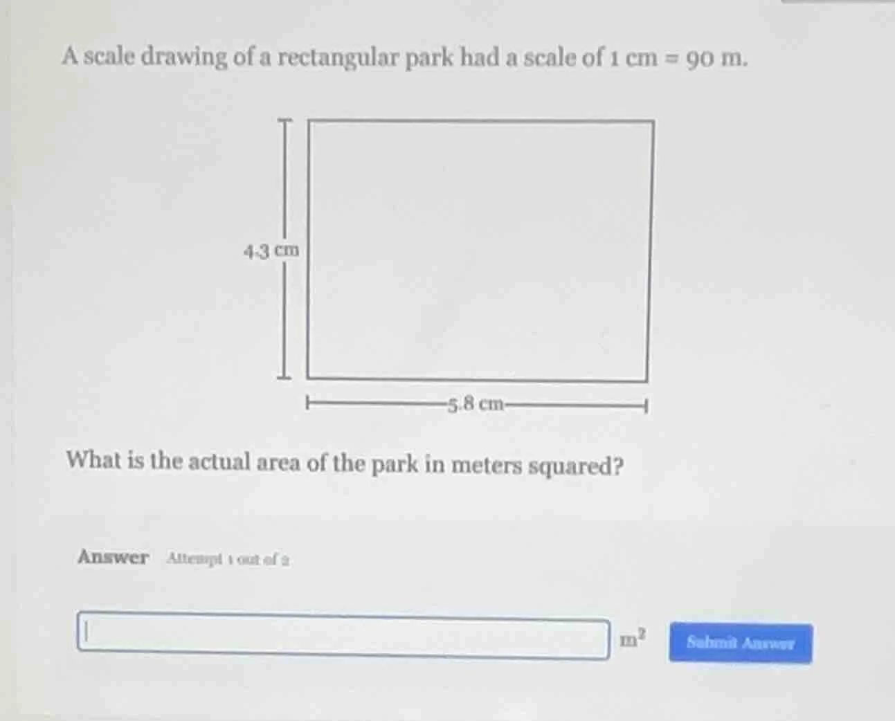 a scale drawing of a rectangular park had a scale of 1 cm = 90 m. recta…