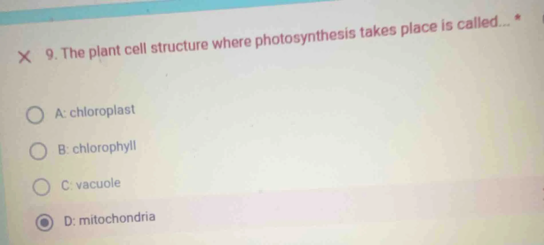 9. the plant cell structure where photosynthesis takes place is called.…