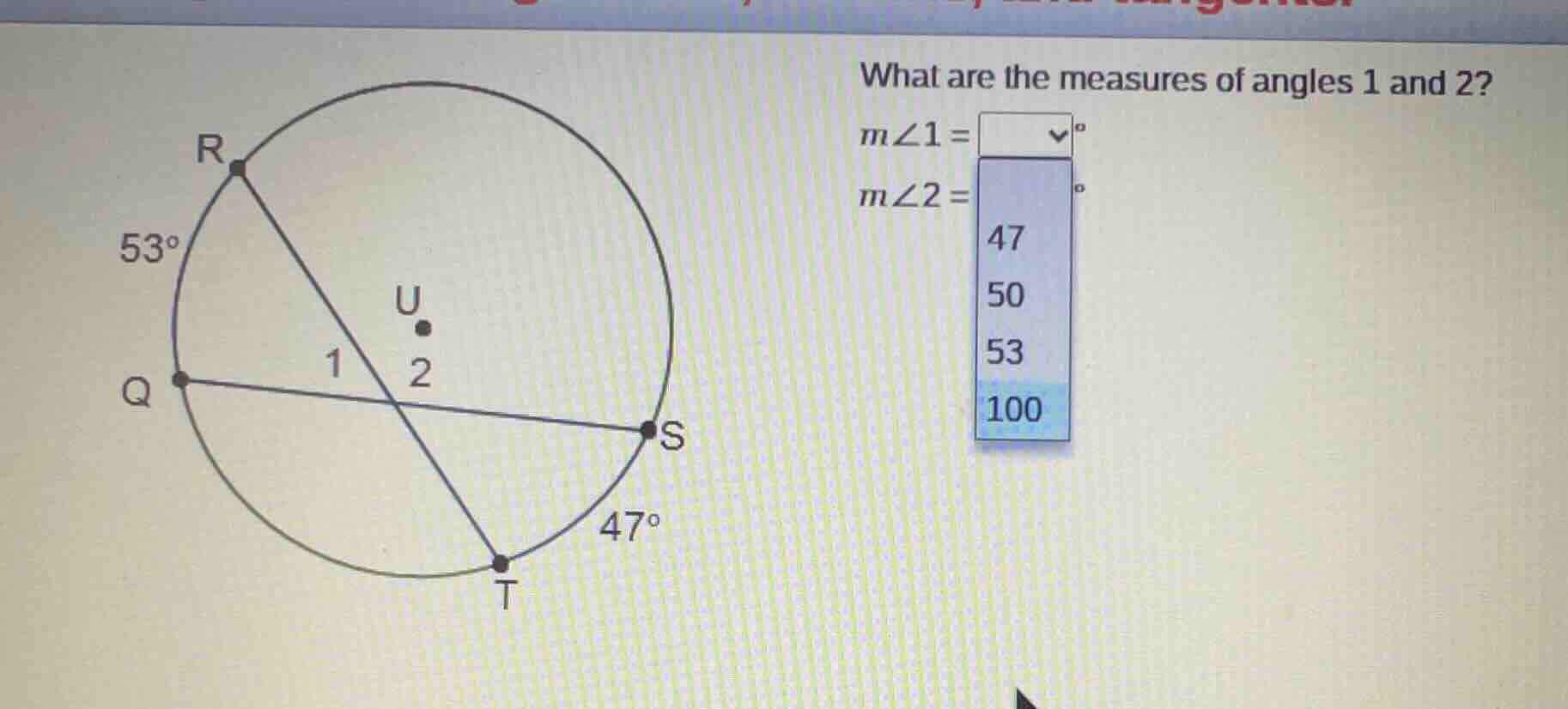 what are the measures of angles 1 and 2? m∠1 = dropdown° m∠2 = 47, 50, …