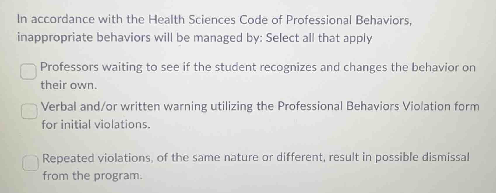 in accordance with the health sciences code of professional behaviors, …
