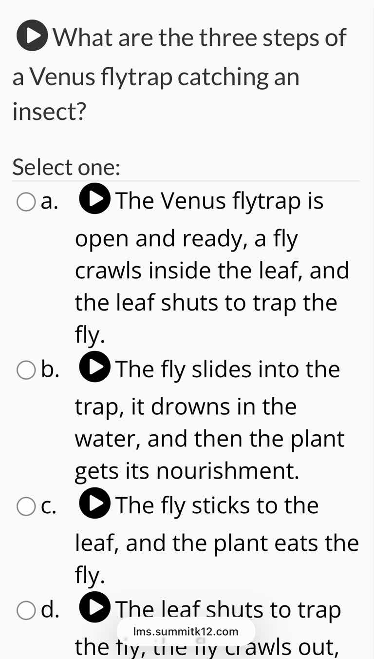 what are the three steps of a venus flytrap catching an insect? select …