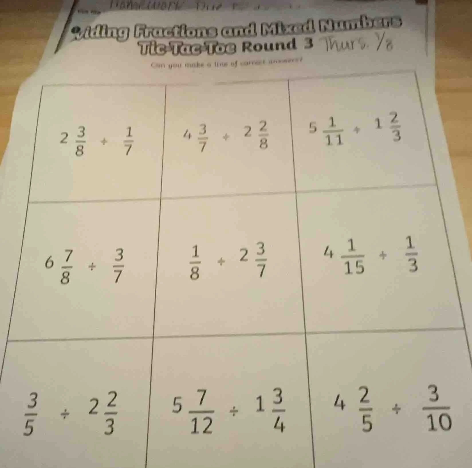 adding fractions and mixed numbers tic-tac-toe round 3 thurs. 7/8 can y…