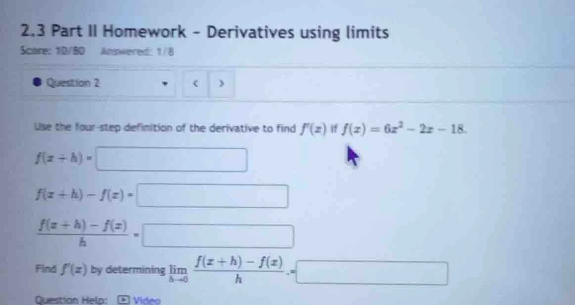 2.3 part ii homework - derivatives using limits score: 10/80 answered: …
