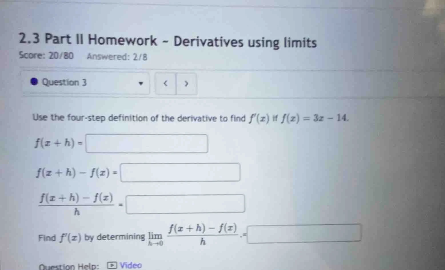 2.3 part ii homework - derivatives using limits score: 20/80 answered: …