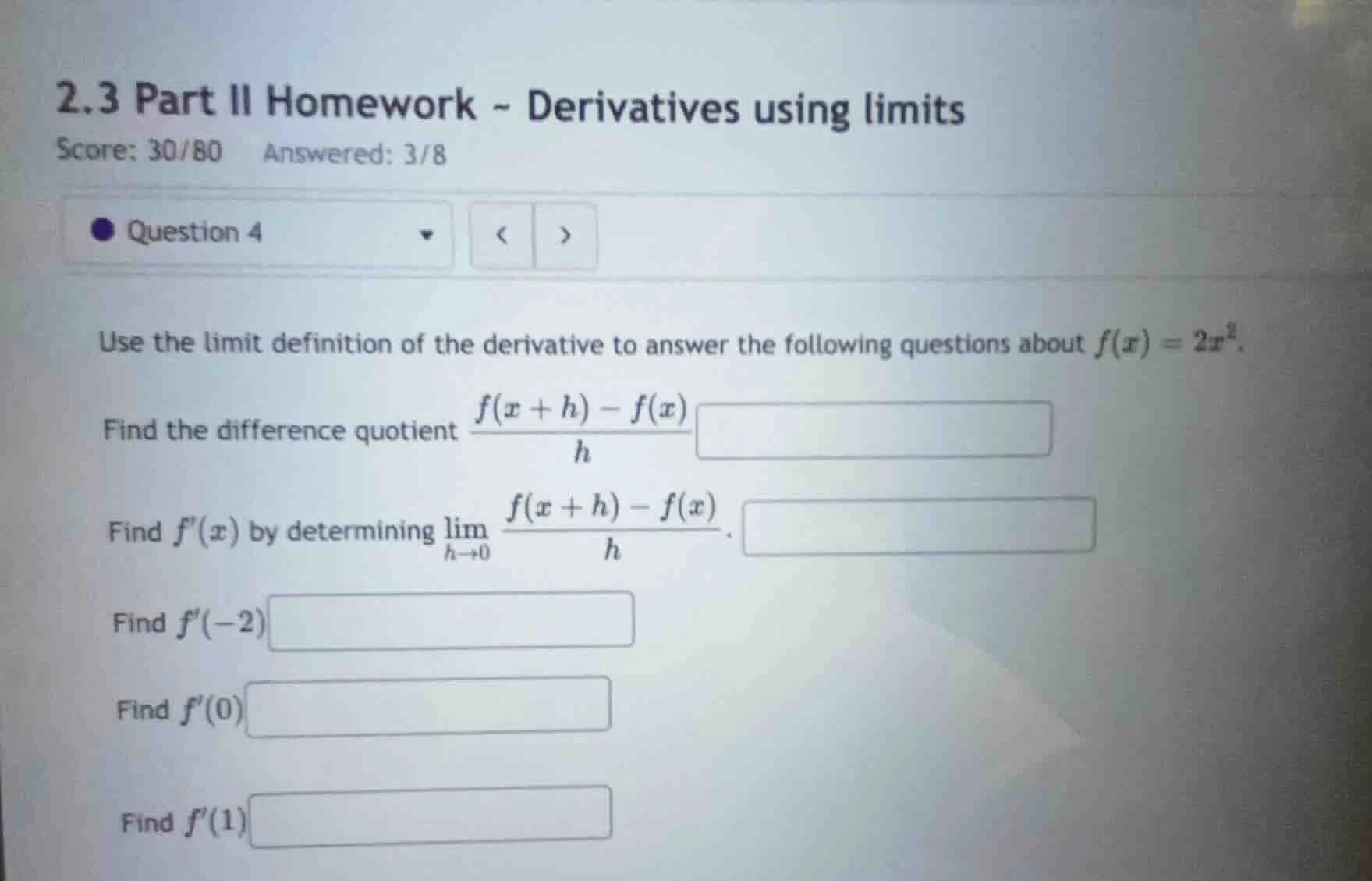 2.3 part ii homework - derivatives using limits score: 30/80 answered: …