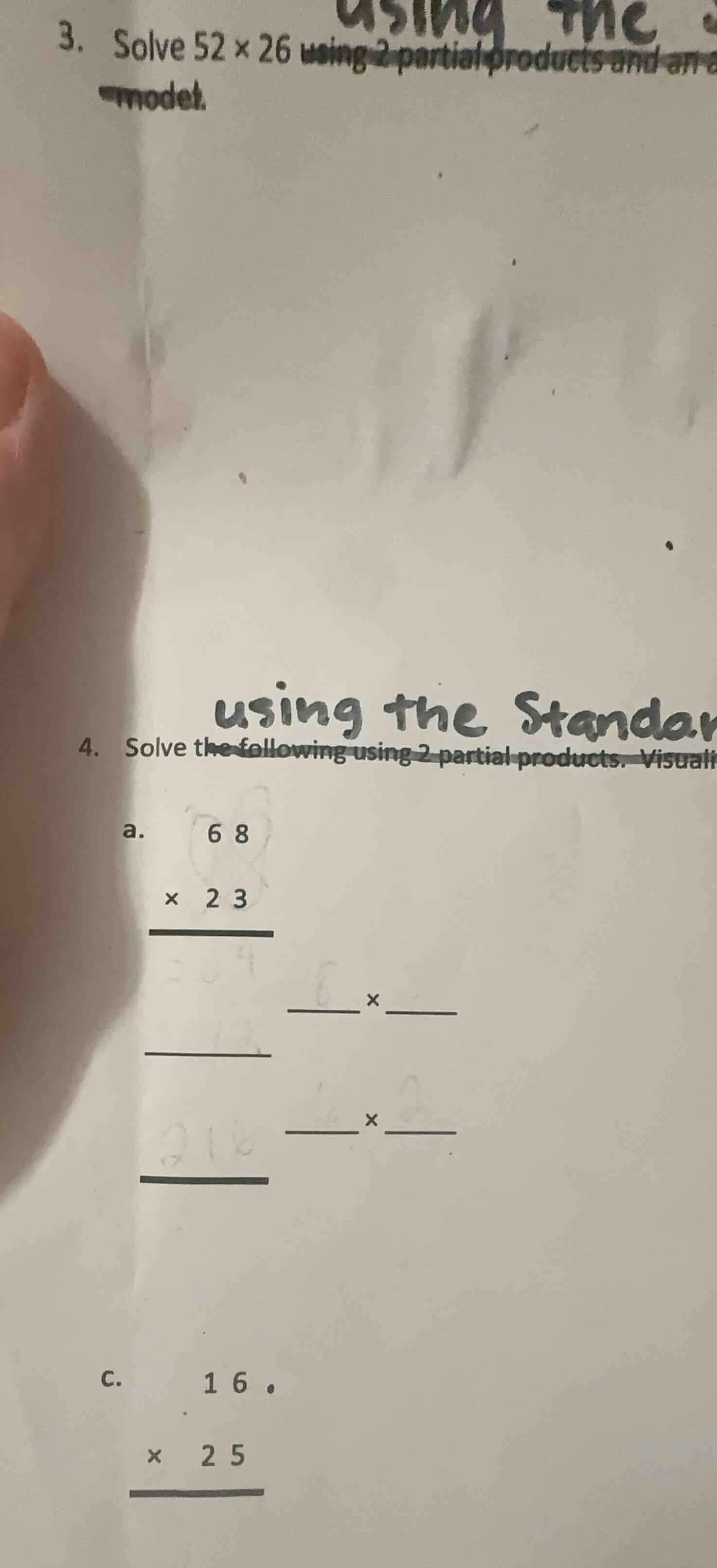 3. solve 52 × 26 using 2 partial products and an area model. 4. solve t…