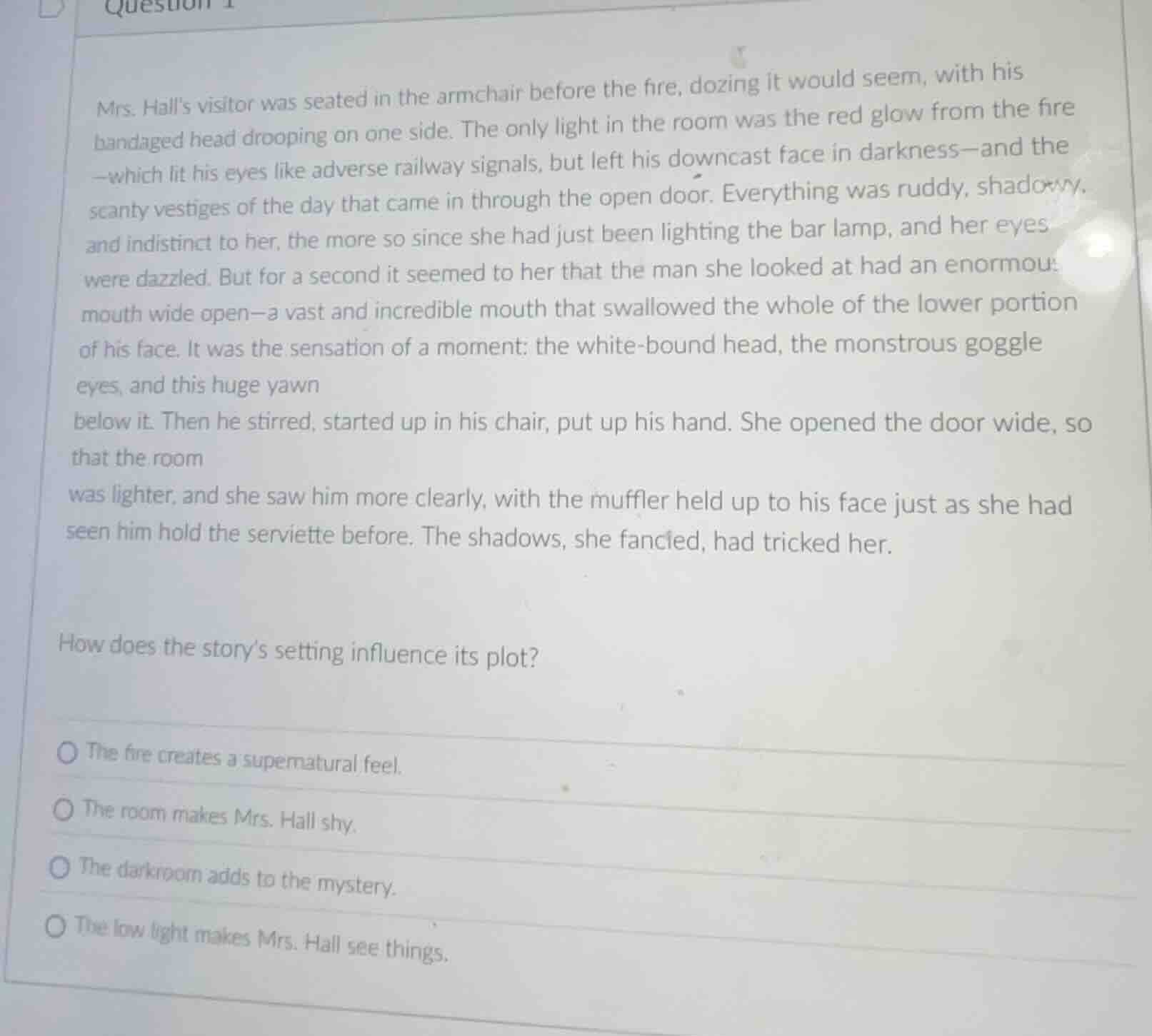 mrs. halls visitor was seated in the armchair before the fire, dozing i…