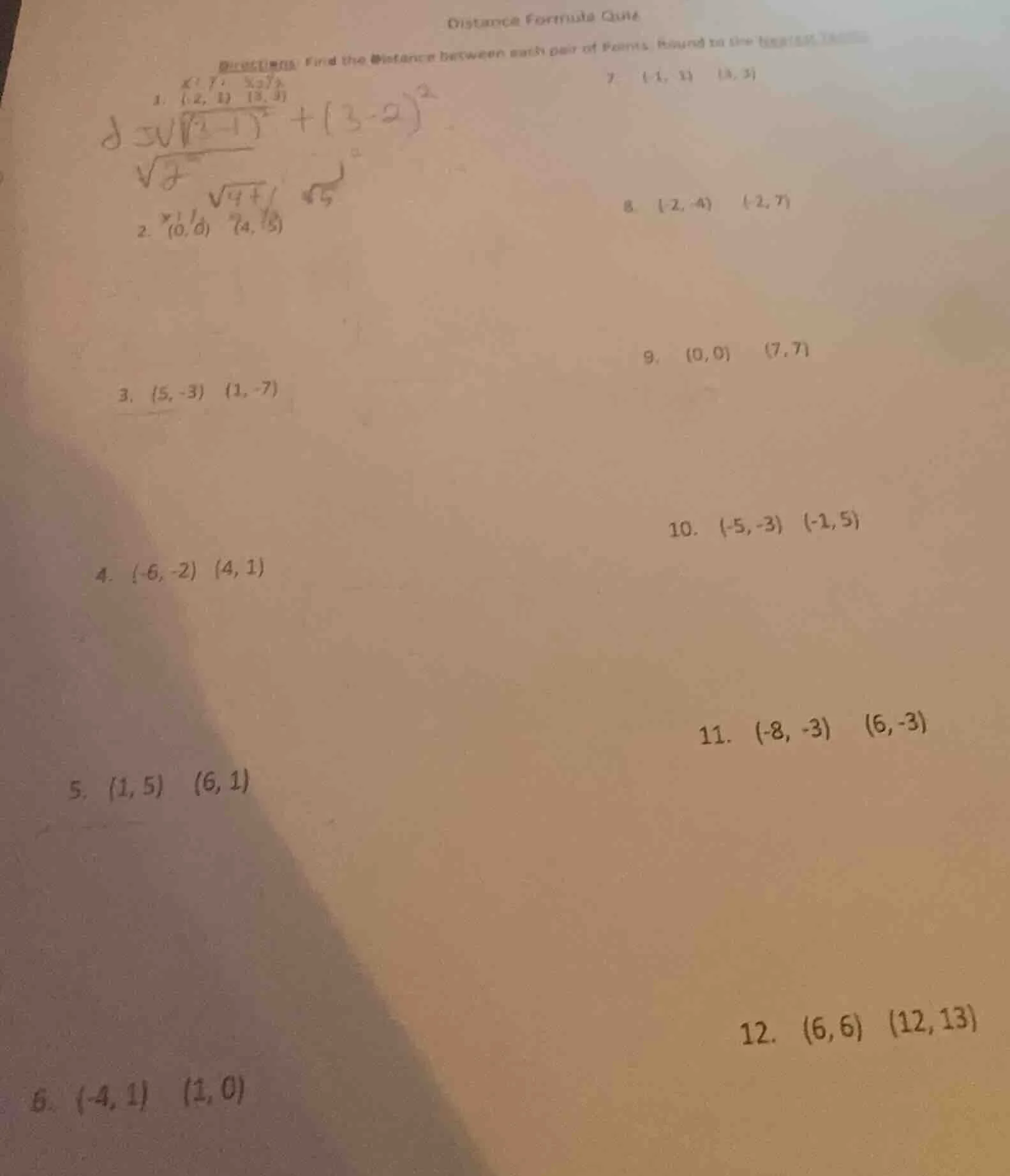 distance formula quiz problems: find the distance between each pair of …