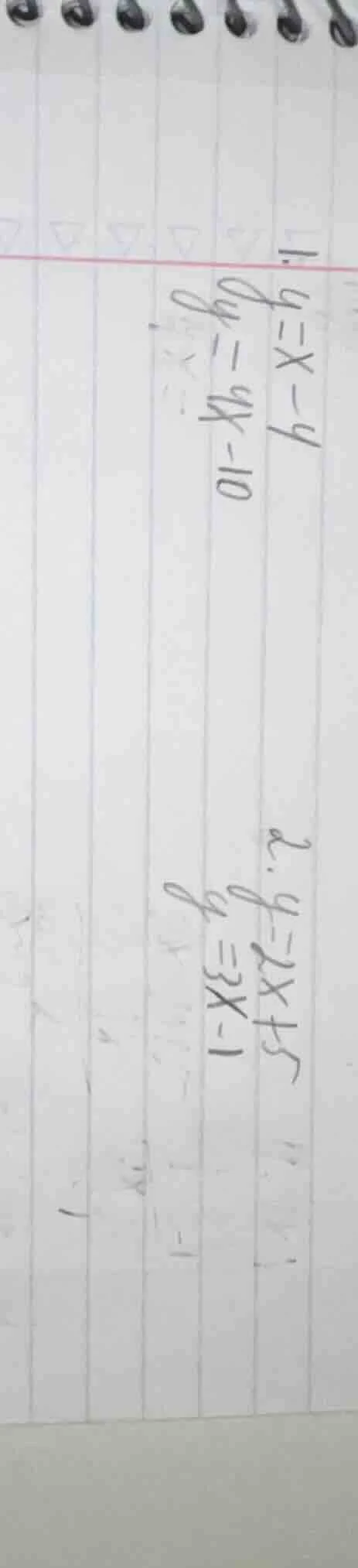 1. y = x - 4 y = 4x - 10 2. y = 2x + 5 y = 3x - 1