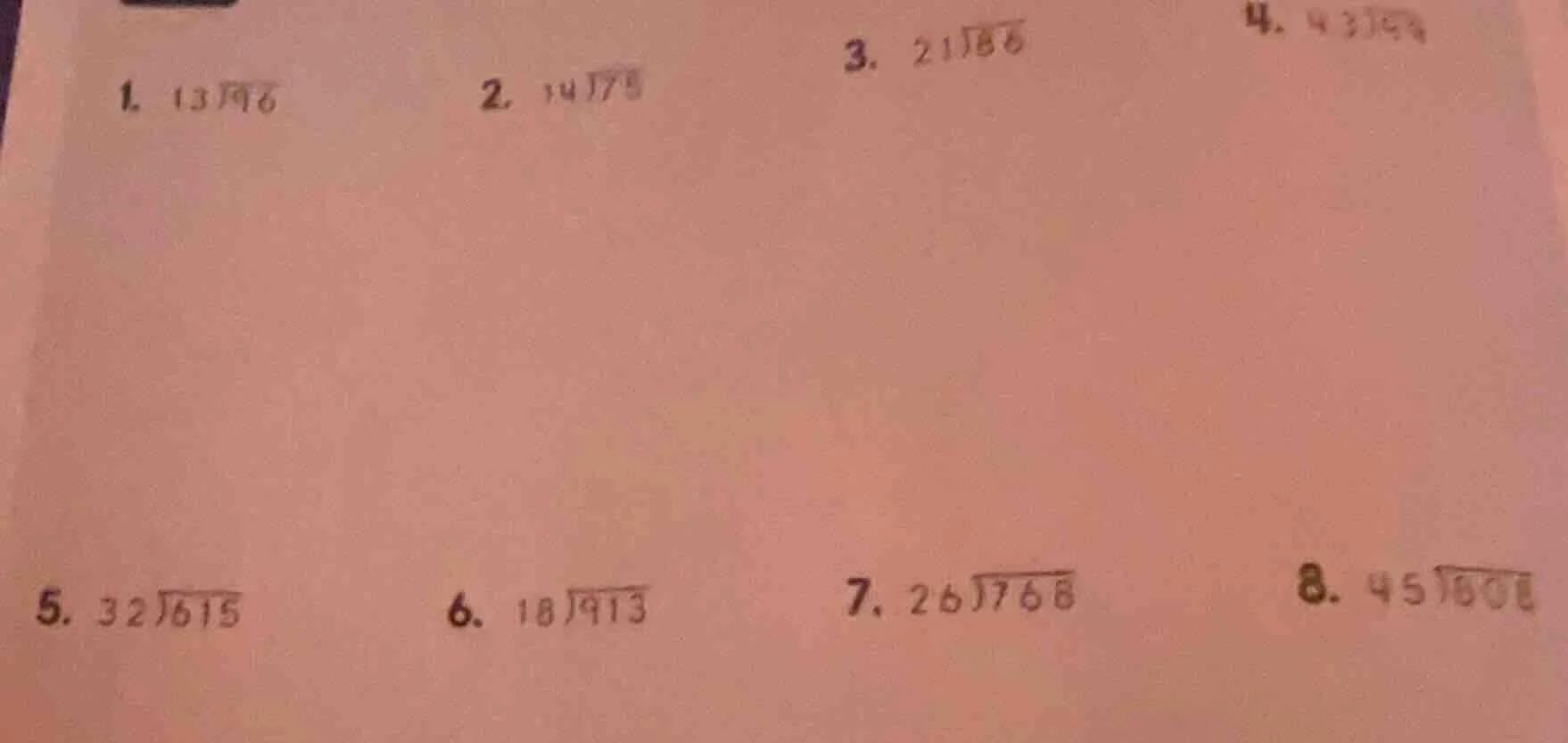 1. \\(13\\enclose{longdiv}{96}\\) 2. \\(19\\enclose{longdiv}{75}\\) 3. …