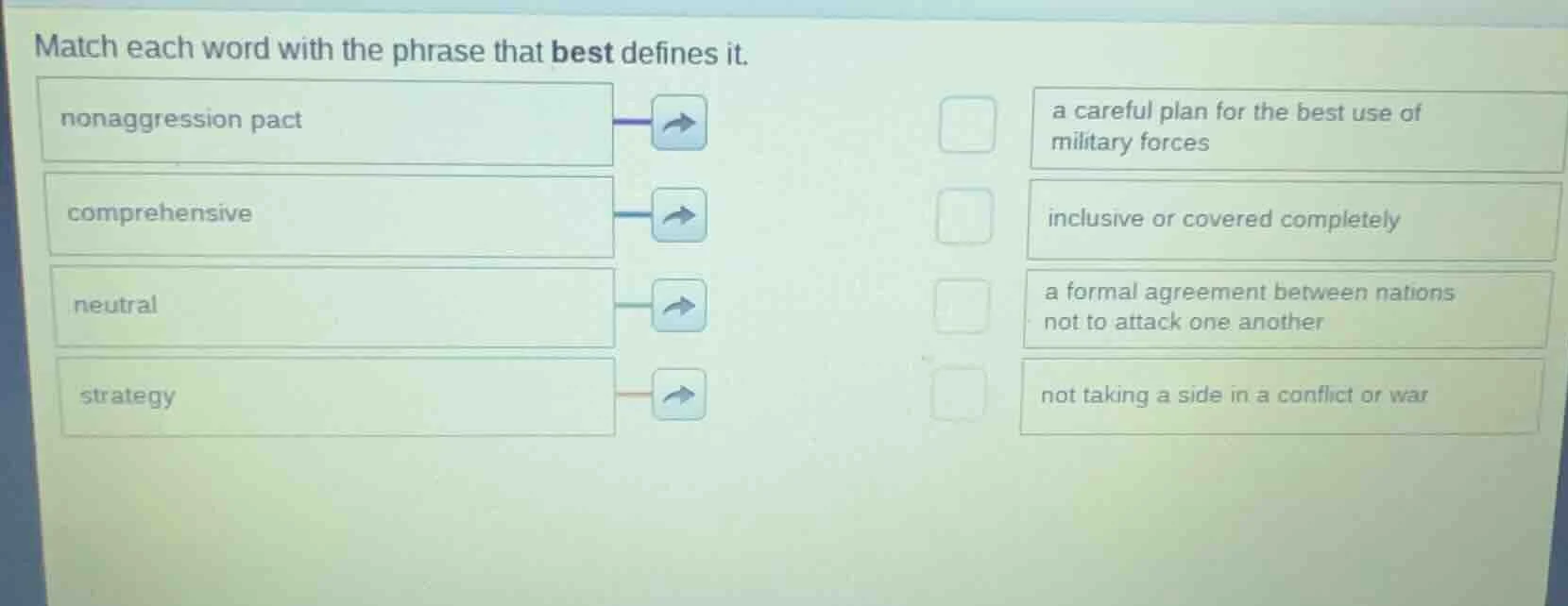 match each word with the phrase that best defines it. nonaggression pac…