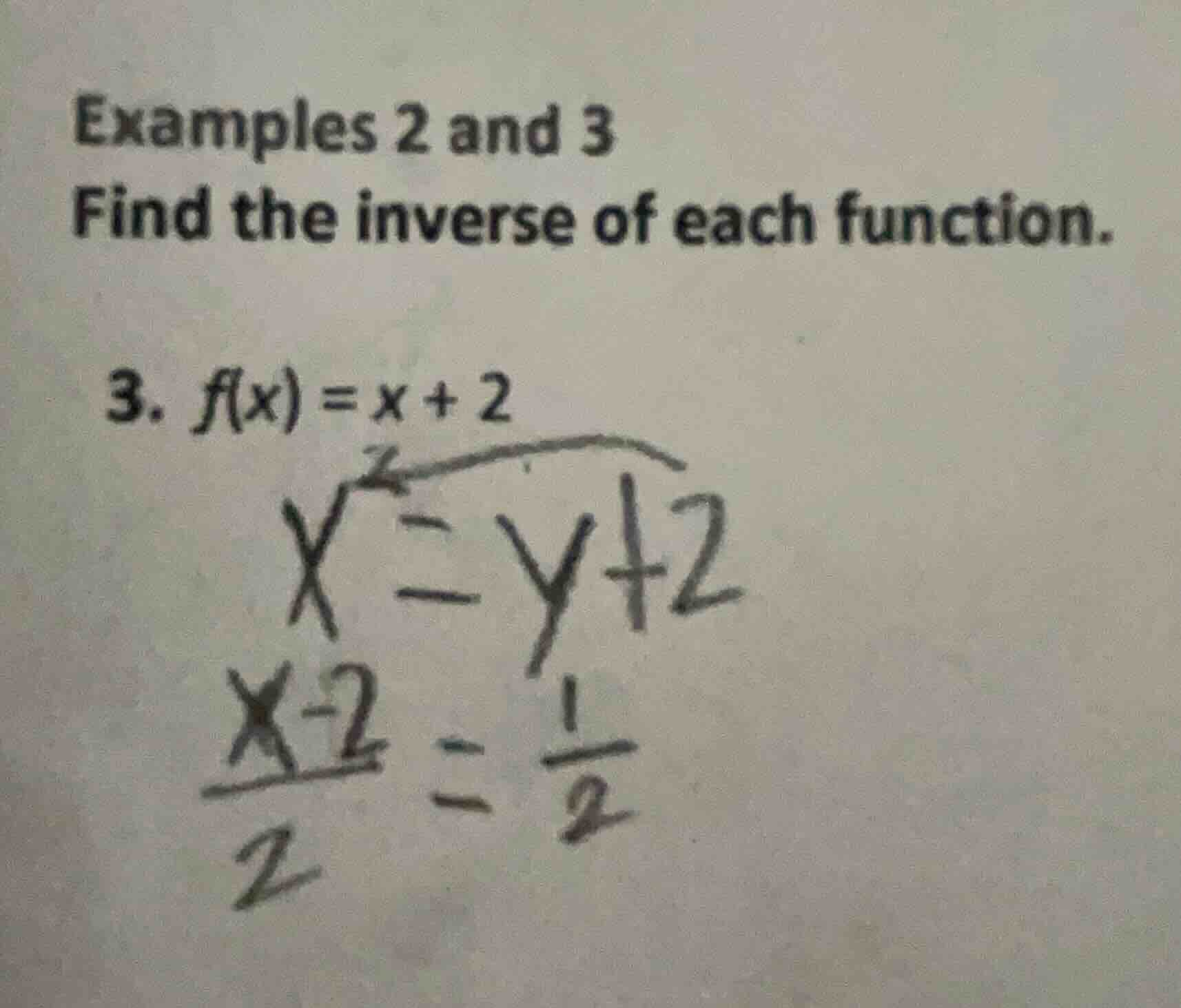 examples 2 and 3 find the inverse of each function. 3. $f(x) = x + 2$ $…
