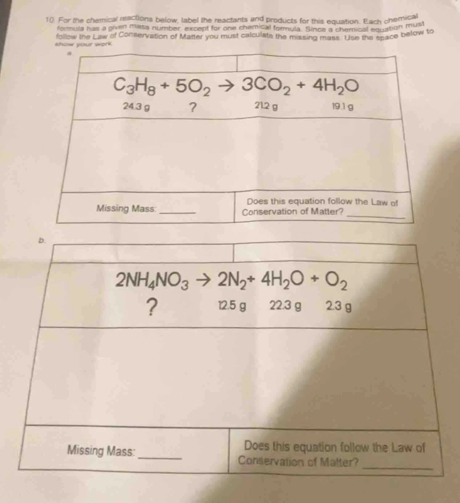 10. for the chemical reactions below, label the reactants and products …