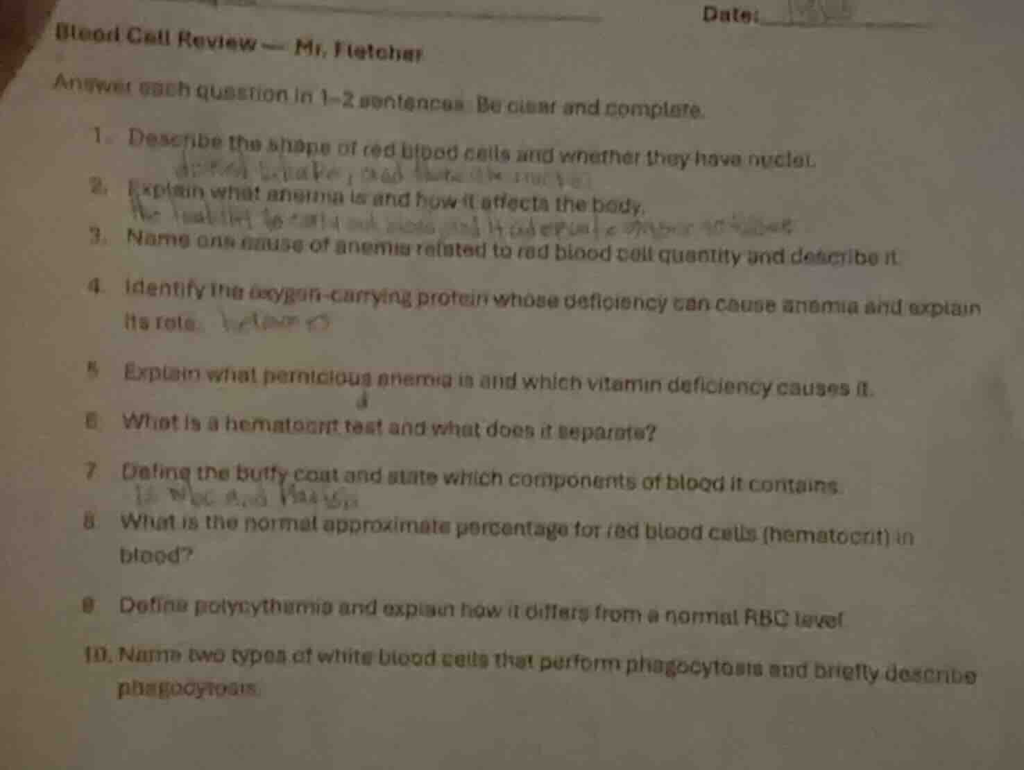 blood cell review — mr. fletcher answer each question in 1–2 sentences.…