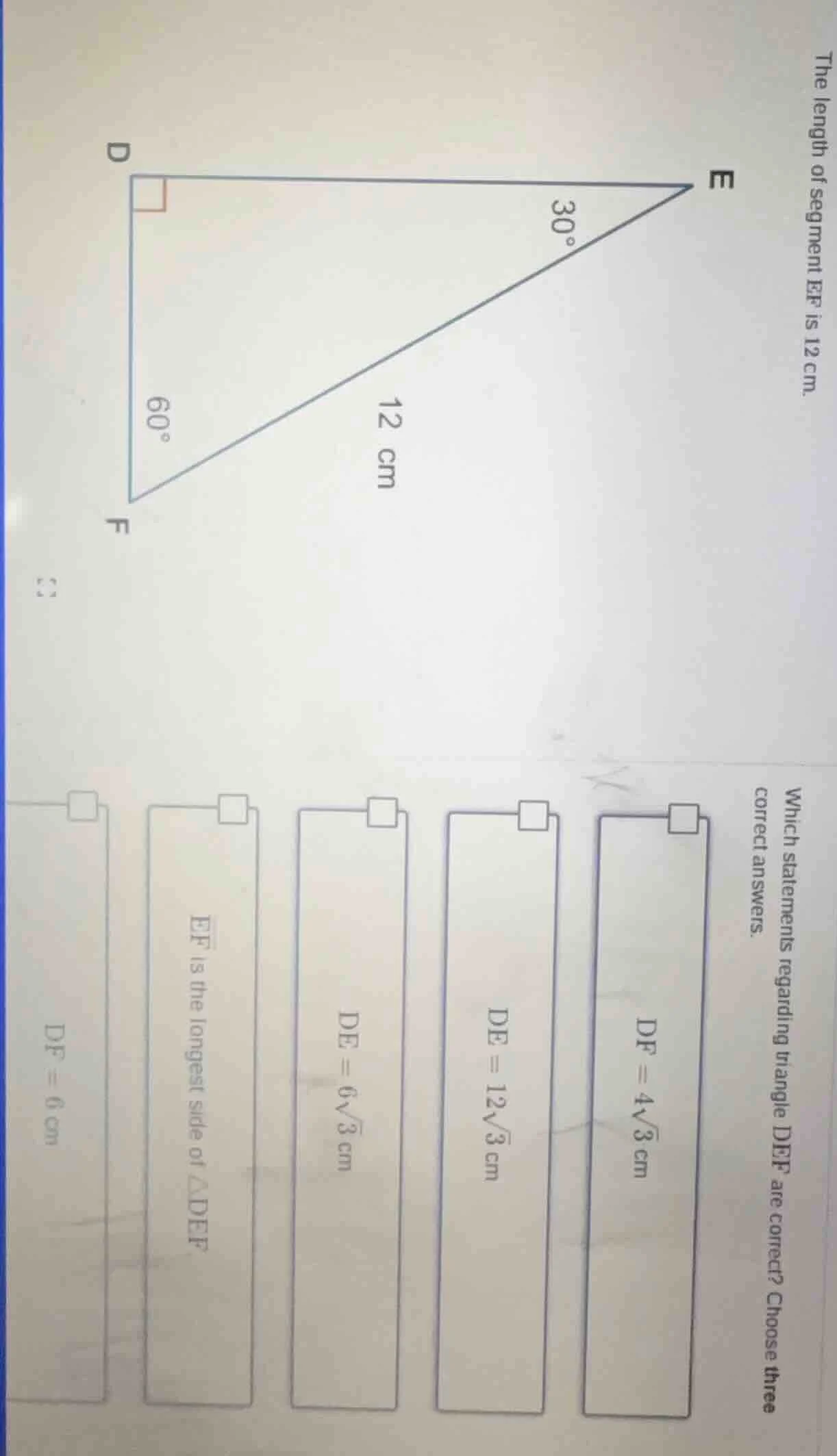 the length of segment ef is 12 cm. which statements regarding triangle …