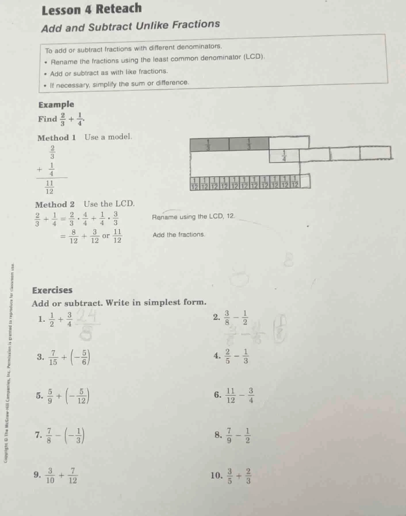 lesson 4 reteach add and subtract unlike fractions to add or subtract f…