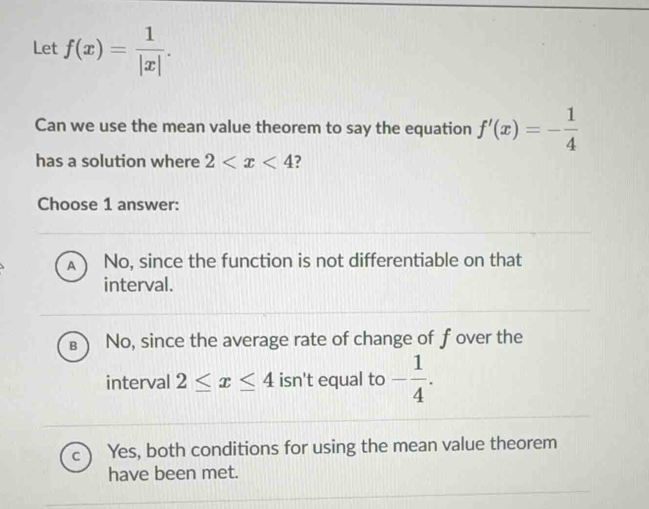 let $f(x) = \\frac{1}{|x|}$. can we use the mean value theorem to say t…