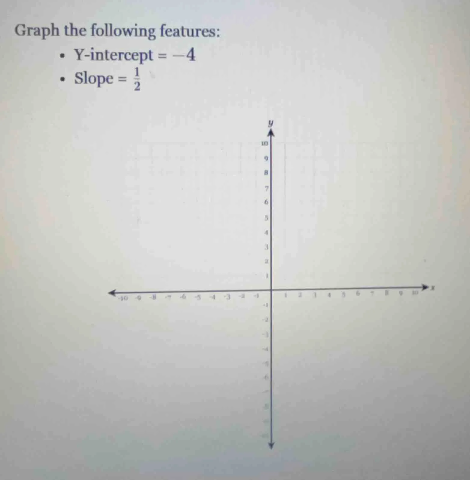 graph the following features: • y-intercept = -4 • slope = 1/2