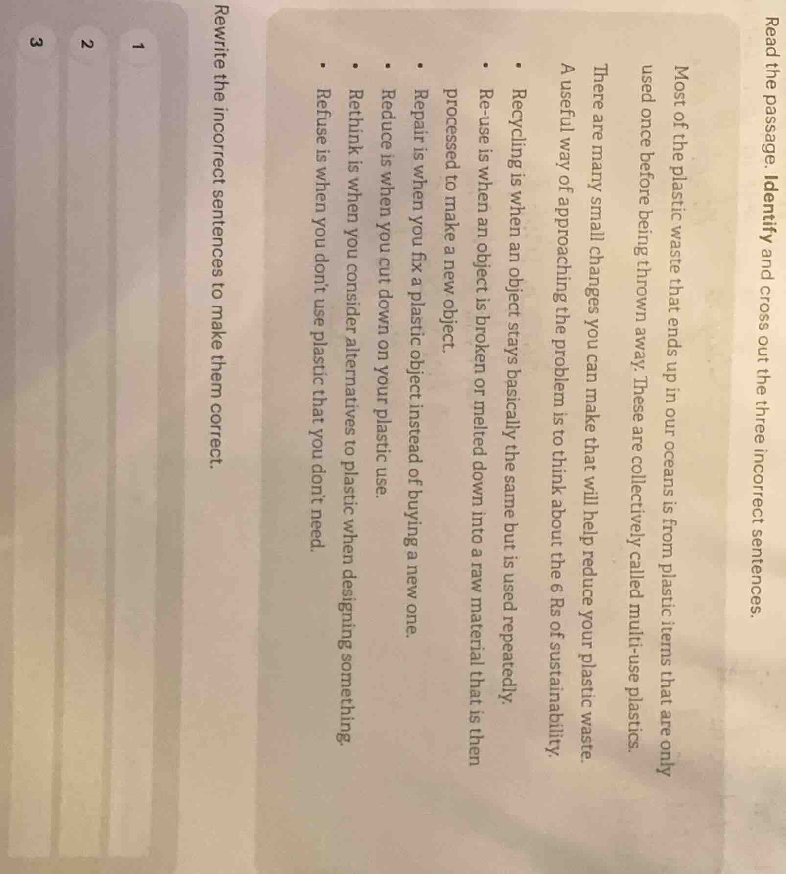 read the passage. identify and cross out the three incorrect sentences.…