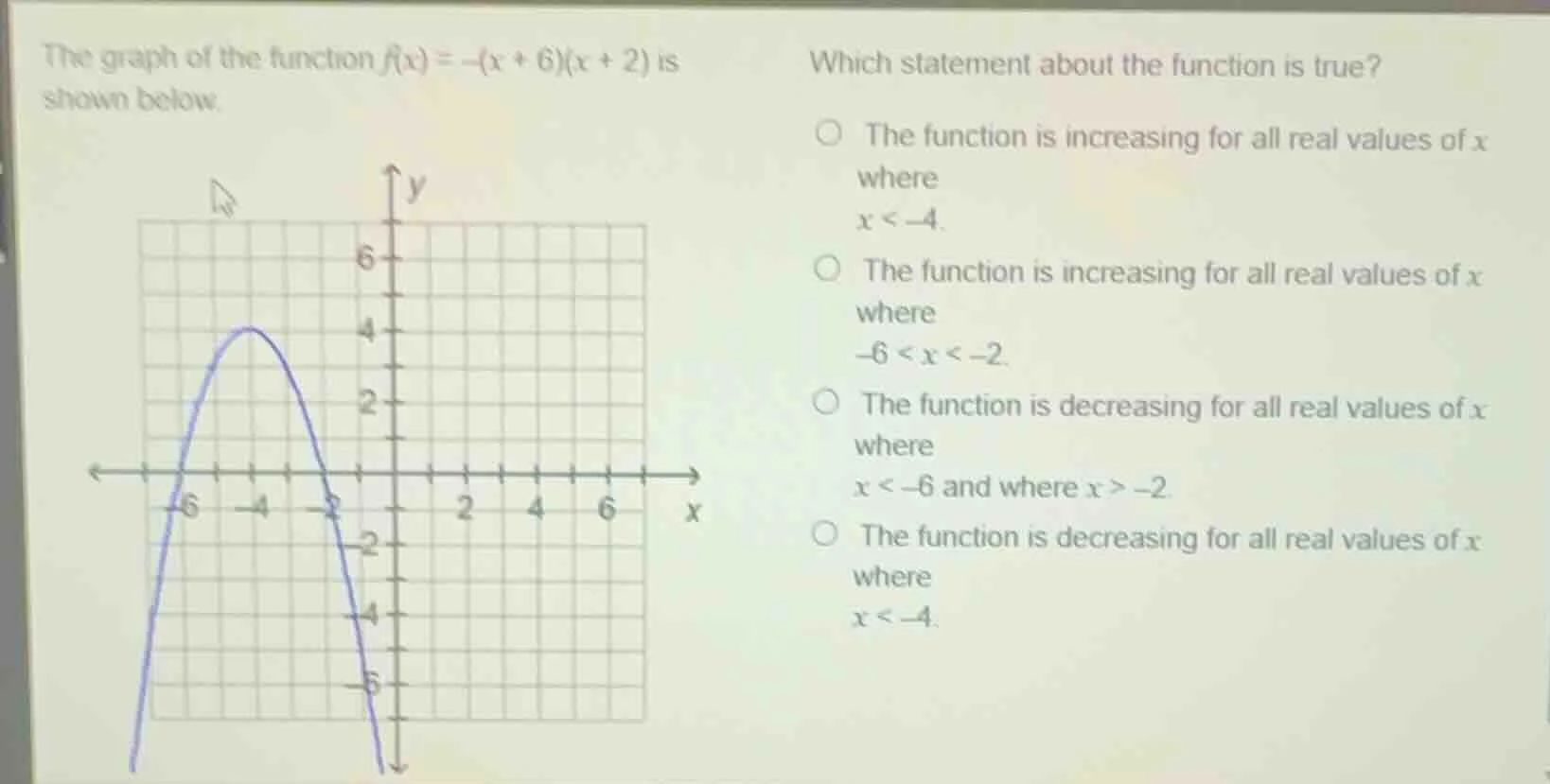 the graph of the function $f(x) = -(x + 6)(x + 2)$ is shown below. whic…