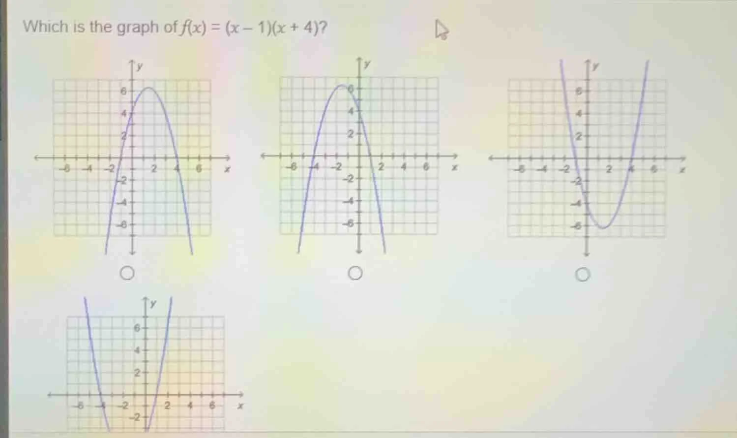 which is the graph of $f(x) = (x - 1)(x + 4)$? four graphs of parabolas…