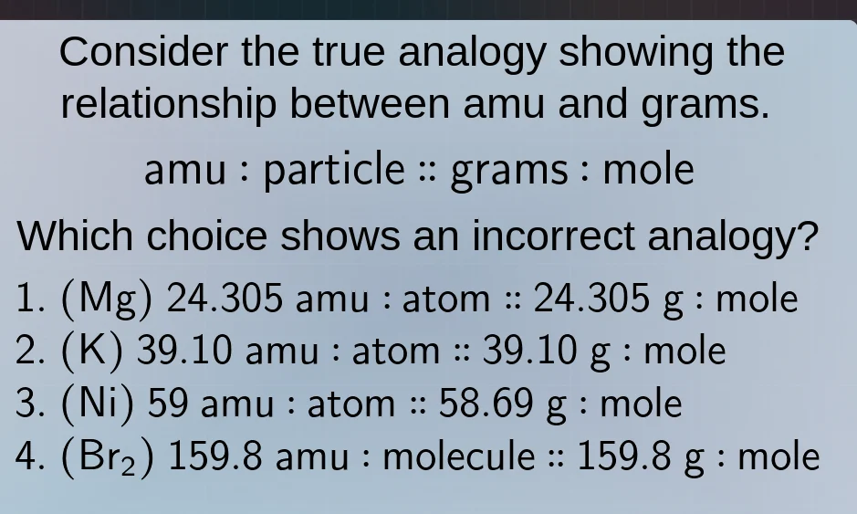 consider the true analogy showing the relationship between amu and gram…