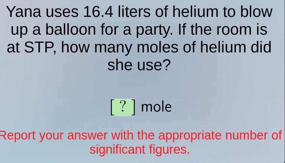 yana uses 16.4 liters of helium to blow up a balloon for a party. if th…