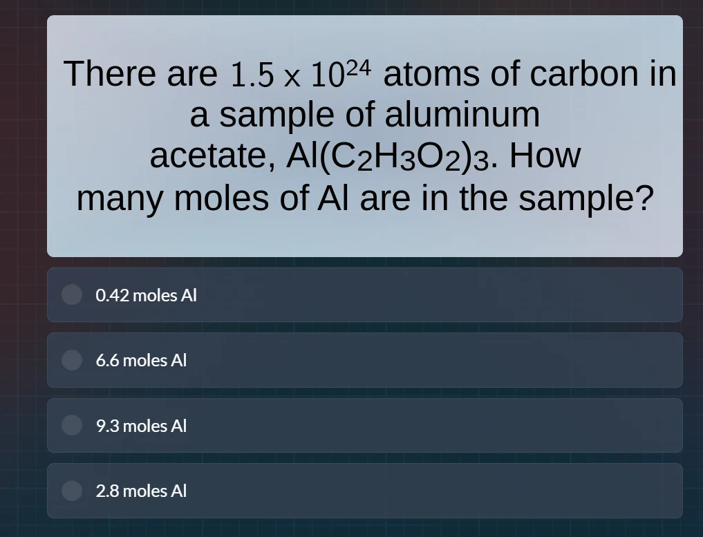 there are $1.5 \\times 10^{24}$ atoms of carbon in a sample of aluminum…