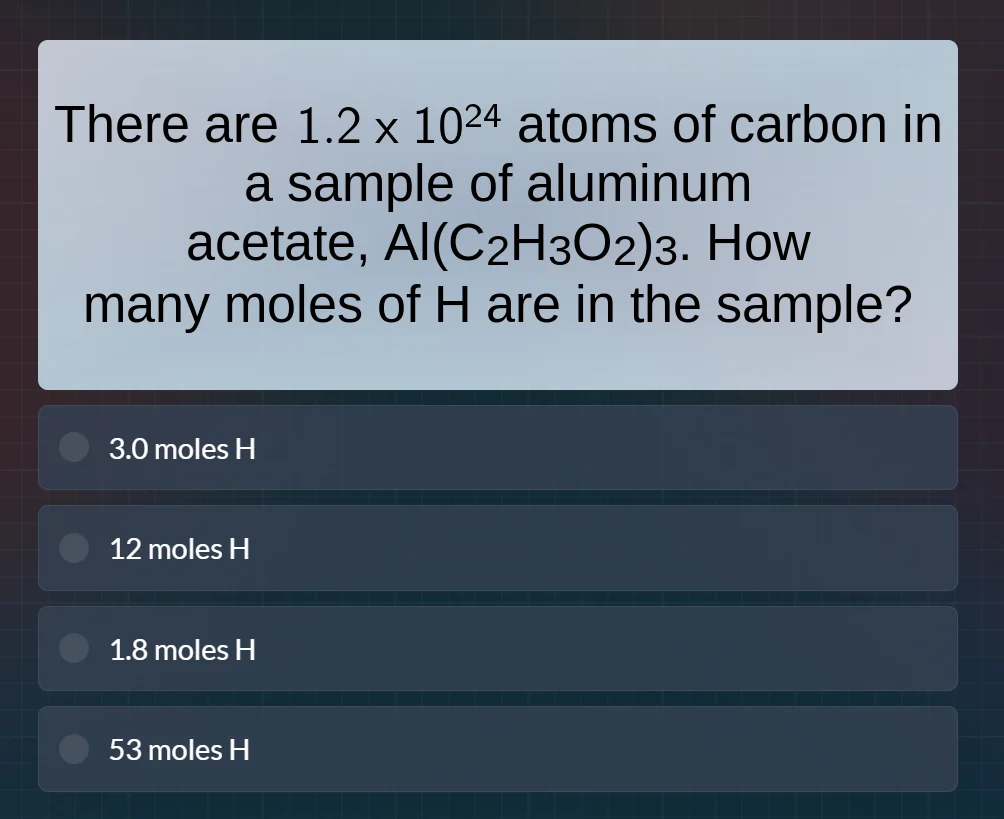 there are $1.2 \\times 10^{24}$ atoms of carbon in a sample of aluminum…