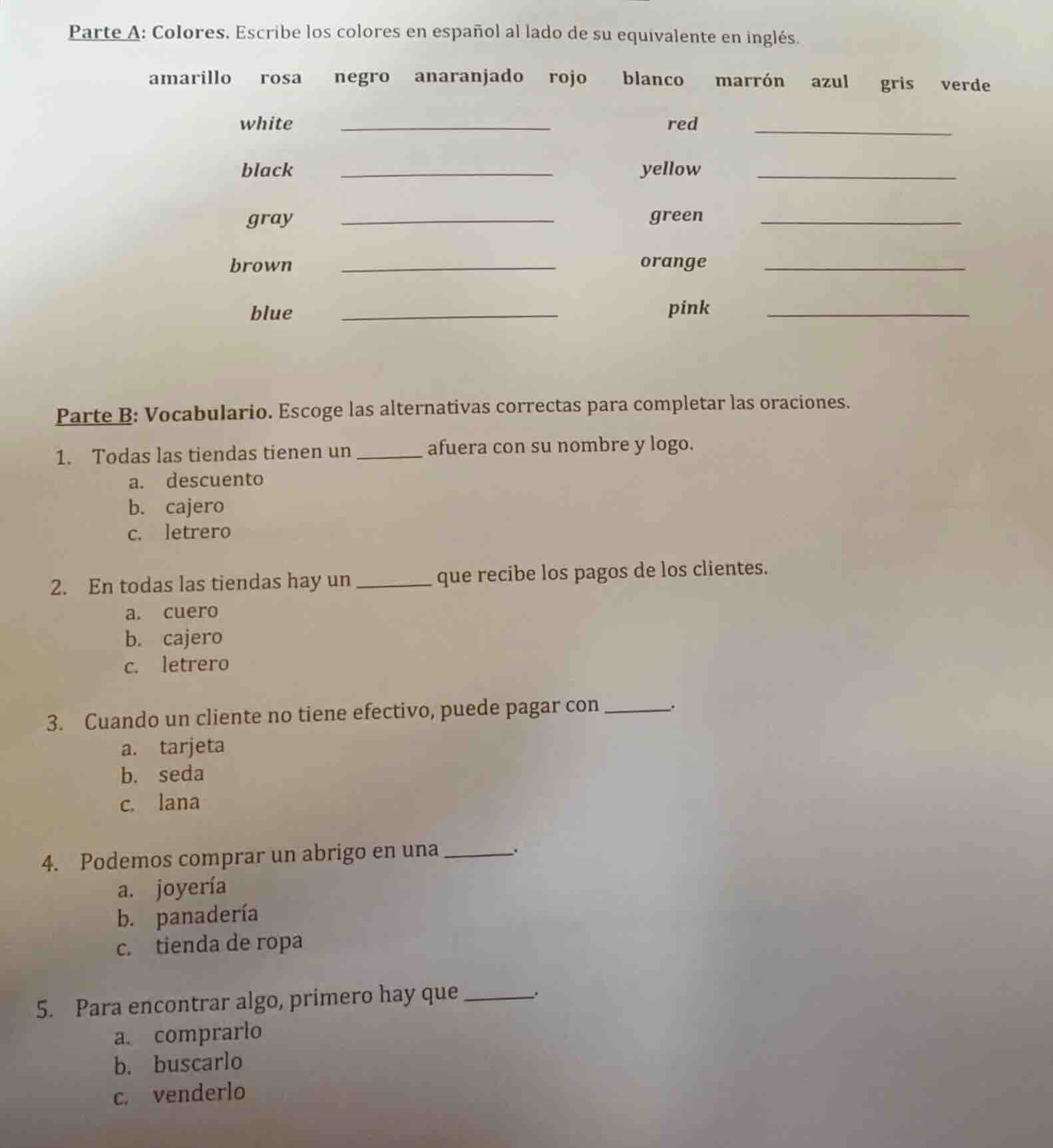 parte a: colores. escribe los colores en español al lado de su equivale…