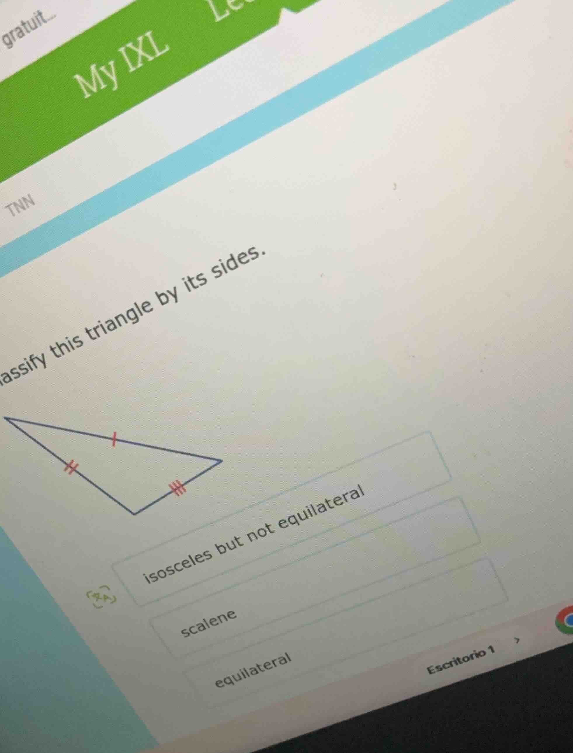 classify this triangle by its sides. triangle image with different mark…