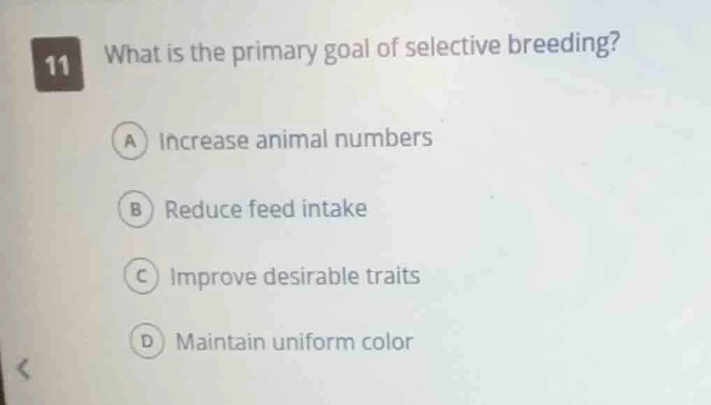 11 what is the primary goal of selective breeding? a increase animal nu…