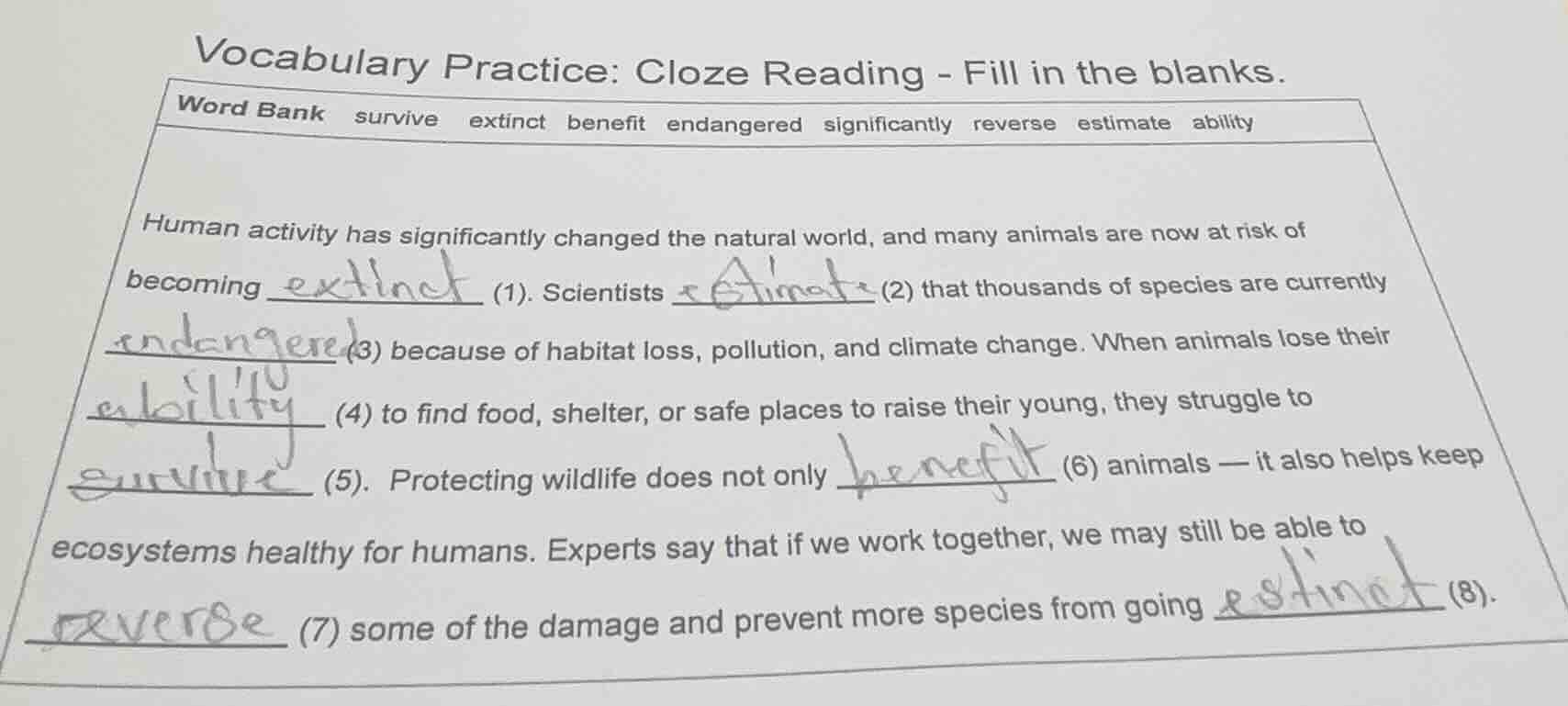 vocabulary practice: cloze reading - fill in the blanks. word bank surv…