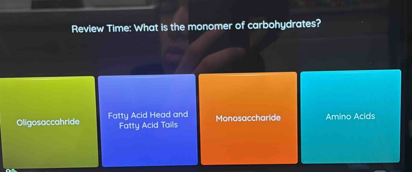 review time: what is the monomer of carbohydrates? oligosaccahride fatt…