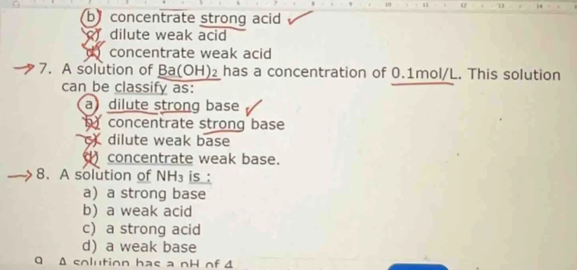 b) concentrate strong acid c) dilute weak acid d) concentrate weak acid…