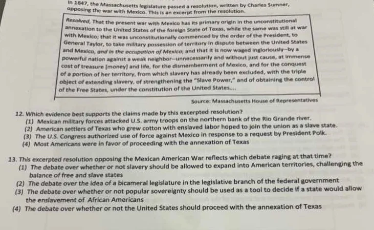 in 1847, the massachusetts legislature passed a resolution, written by …