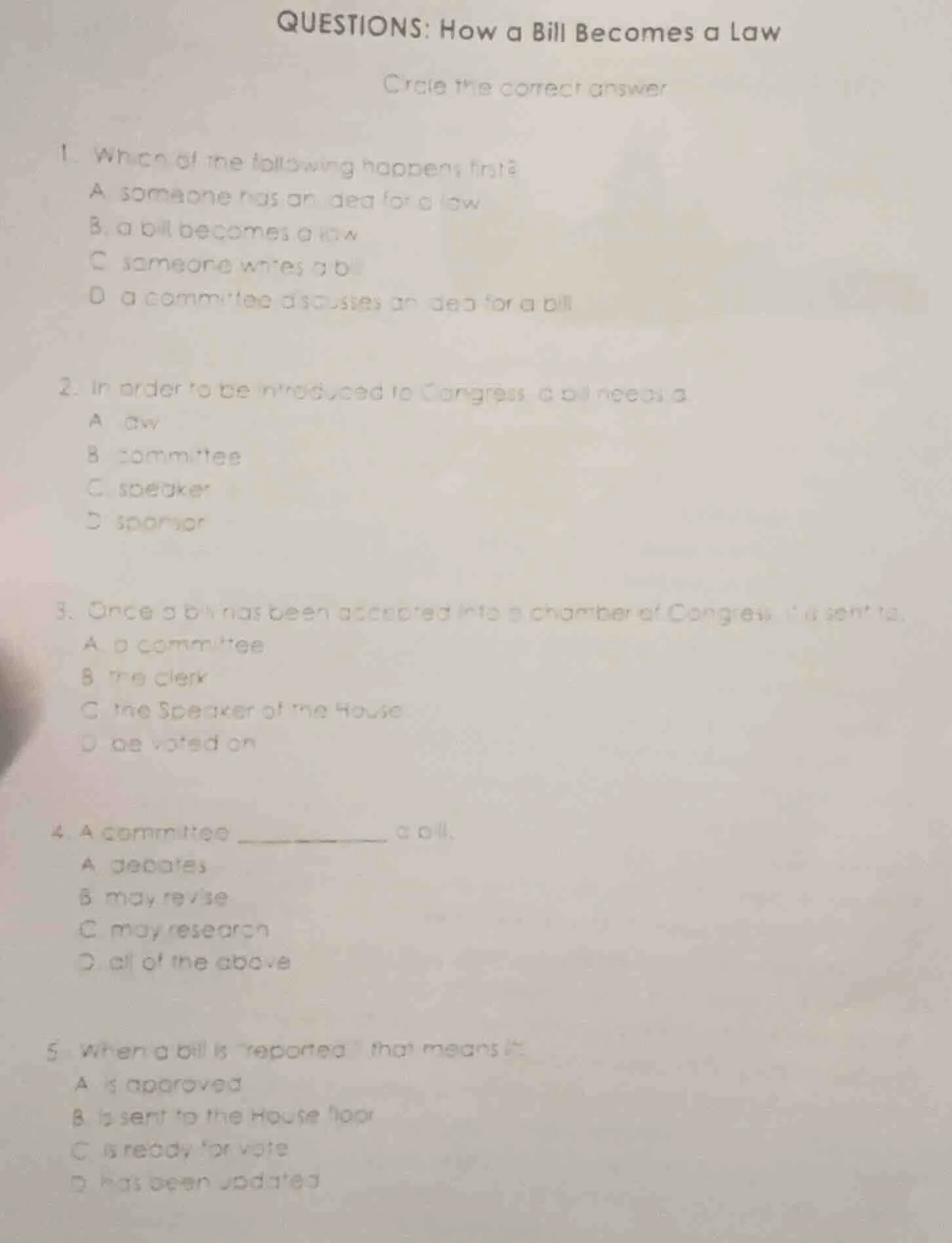 questions: how a bill becomes a law circle the correct answer 1. which …